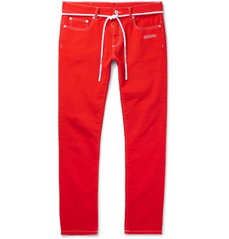OFF-WHITE Slim Fit Logo Print Denim Jeans Red