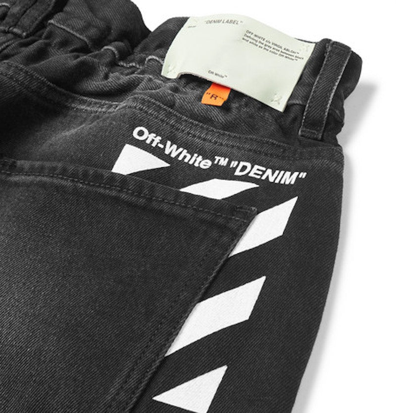 OFF-WHITE Slim Fit Logo Print Washed Denim Jeans Charcoal/White