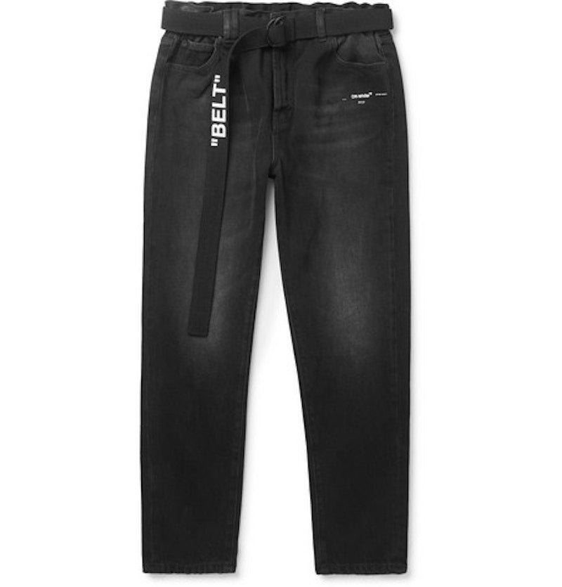 OFF-WHITE Slim Fit Logo Print Washed Denim Jeans Charcoal/White