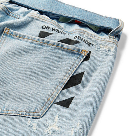 OFF-WHITE Tapered Distressed Denim Jeans Light Blue