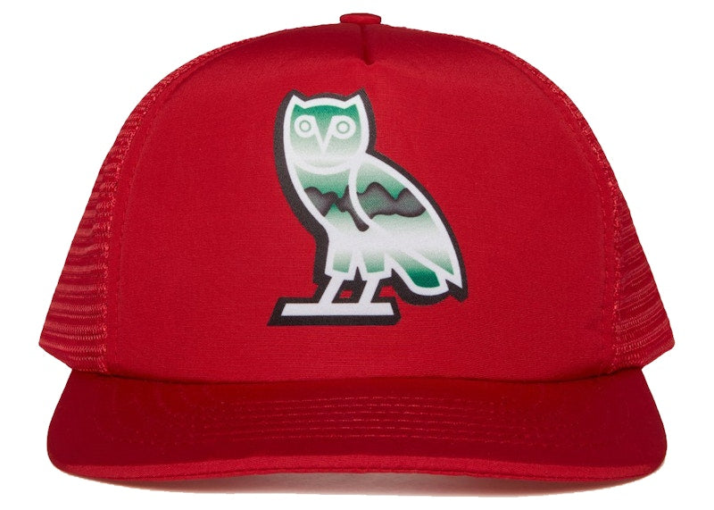 OVO Liquid Chrome Owl Trucker Hat Red