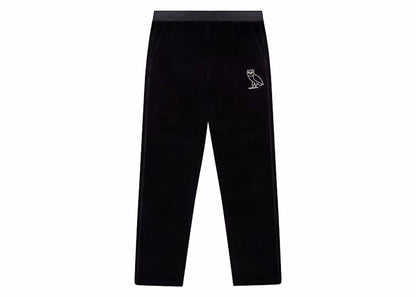 OVO Women's Velour Crystal Owl Script Pants Black