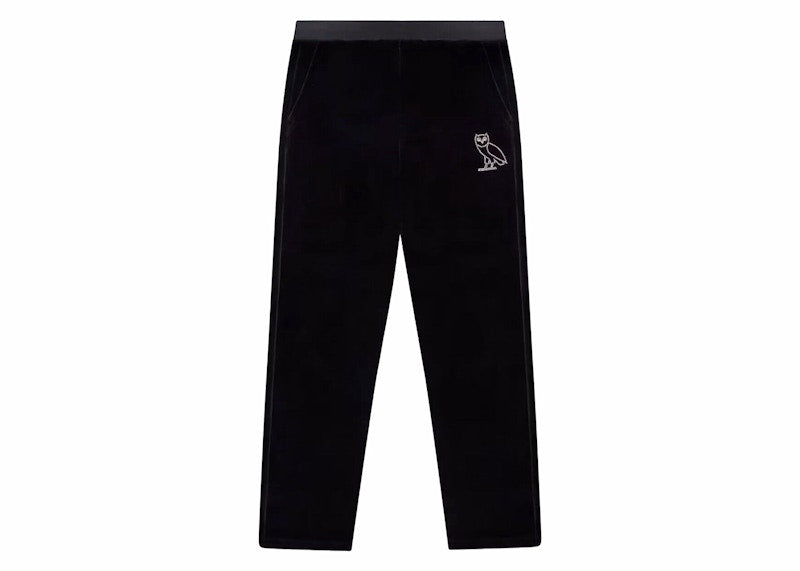 OVO Women's Velour Crystal Owl Script Pants Black