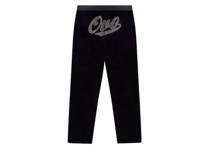 OVO Women's Velour Crystal Owl Script Pants Black