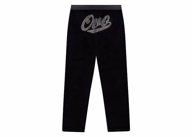 OVO Women's Velour Crystal Owl Script Pants Black