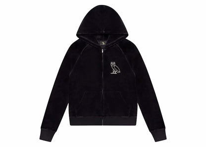 OVO Women's Velour Crystal Owl Zip Up Hoodie Black