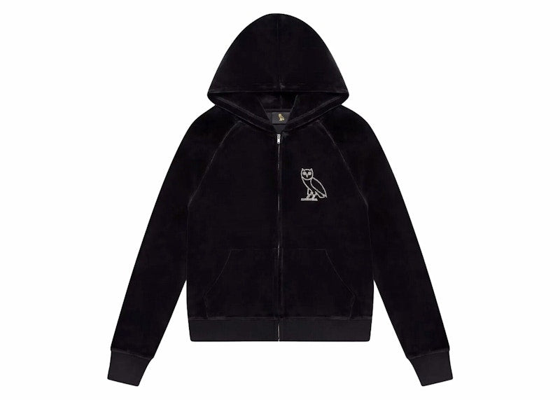 OVO Women's Velour Crystal Owl Zip Up Hoodie Black