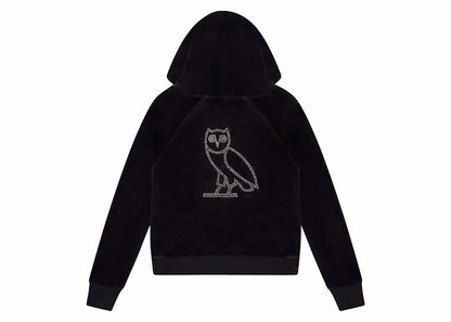 OVO Women's Velour Crystal Owl Zip Up Hoodie Black
