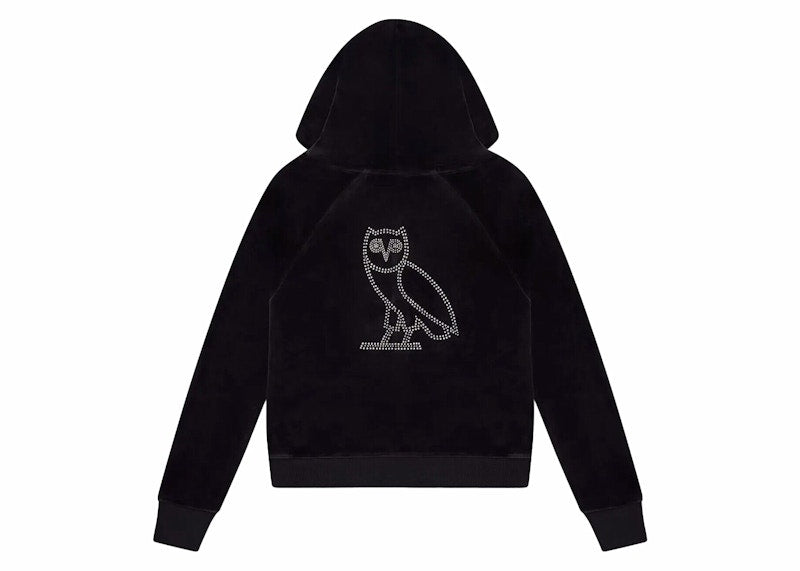 OVO Women's Velour Crystal Owl Zip Up Hoodie Black