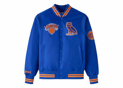 OVO x NBA New York Knicks Satin Varsity Jacket Blue