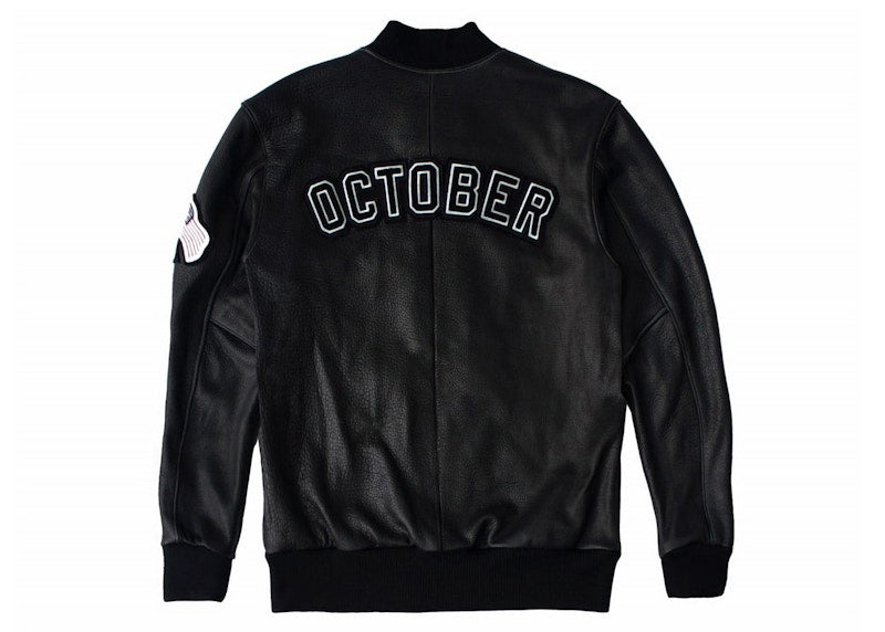 OVO x Roots October Bison Leather Varsity Jacket Black