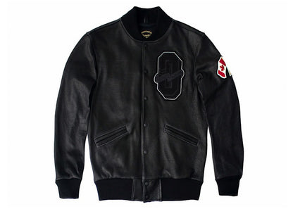 OVO x Roots October Bison Leather Varsity Jacket Black