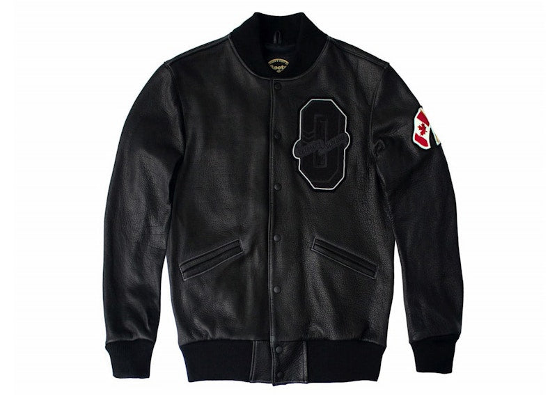 OVO x Roots October Bison Leather Varsity Jacket Black