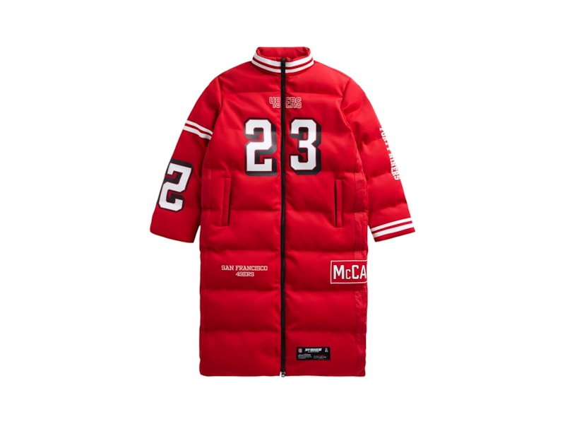 Off Season x NFL Christian Mccaffrey San Francisco 49Ers Player Puffer Long Coat Scarlet Red