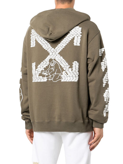 OFF-WHITE Bricks-Print Drop-Shoulder Hoodie Military Green