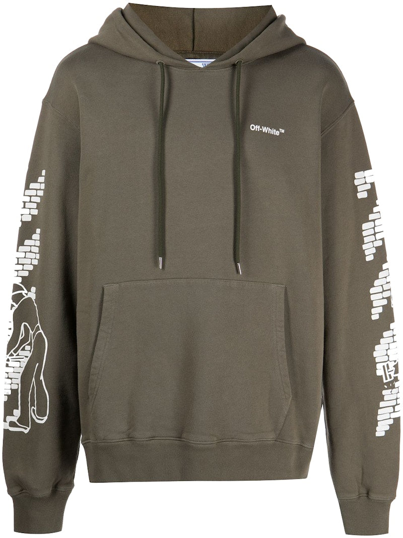 OFF-WHITE Bricks-Print Drop-Shoulder Hoodie Military Green