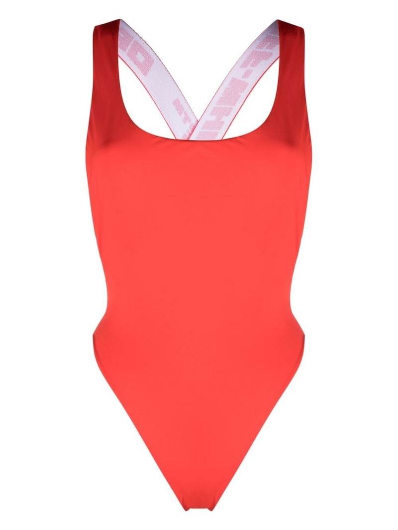 OFF-WHITE Logo-Strap One-Piece Swimsuit Light Red