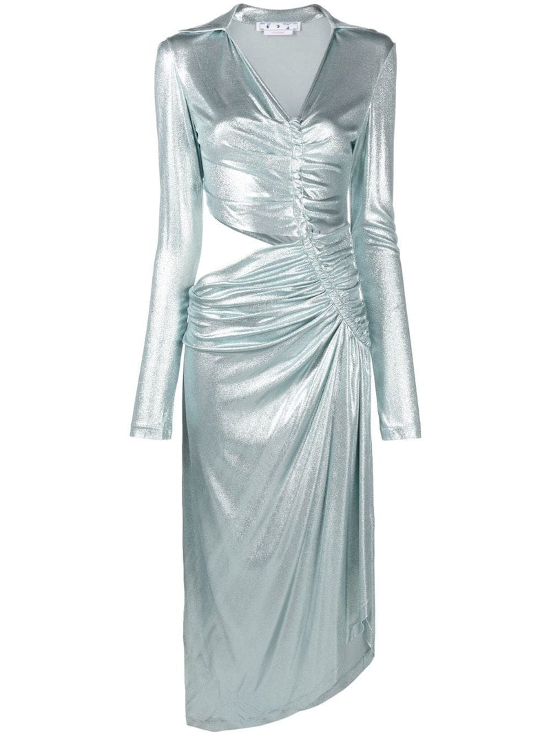 OFF-WHITE Metallic Draped Midi Dress Silver Tone