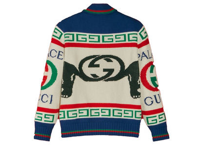 Palace x Gucci Wool Jacquard Knit Logo Bomber Ivory/Light Blue
