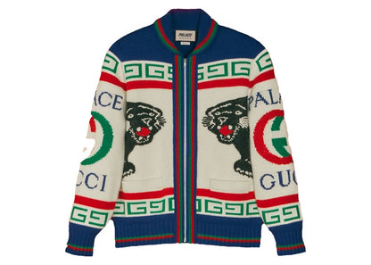 Palace x Gucci Wool Jacquard Knit Logo Bomber Ivory/Light Blue