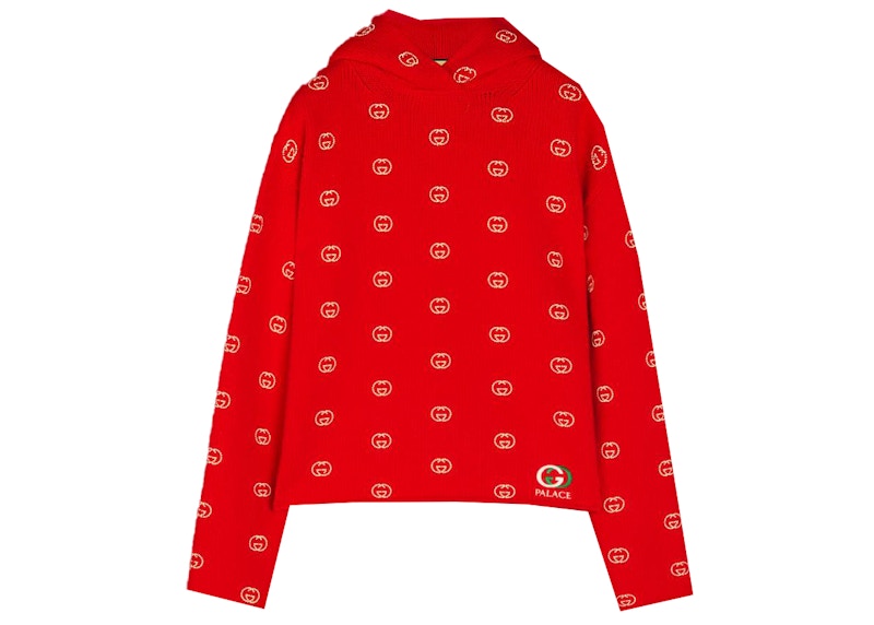 Palace x Gucci Wool Knit Strawberry With Studs And Crochet Detail Hoodie Red