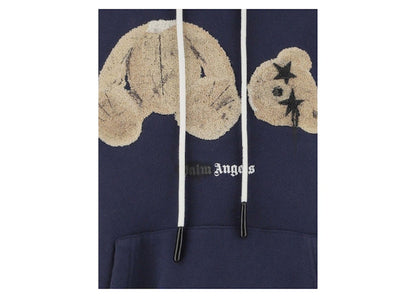 Palm Angels Bear Print Sprayed Logo Hoodie Navy Blue/Brown