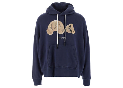 Palm Angels Bear Print Sprayed Logo Hoodie Navy Blue/Brown