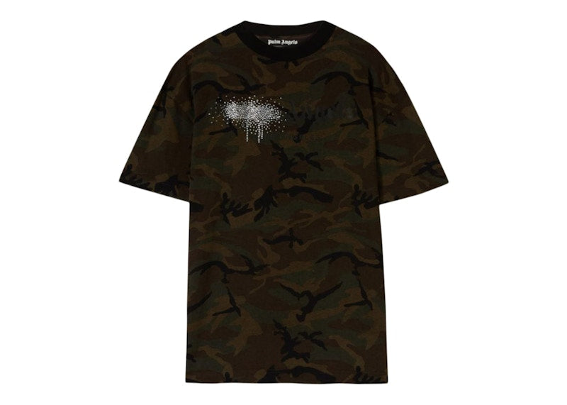 Palm Angels Camouflage-Print Rhinestone Logo T-Shirt Military/Black
