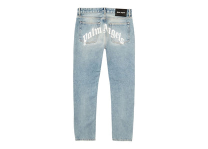 Palm Angels Curved Logo Print Straight Fit Jeans Light Blue/White