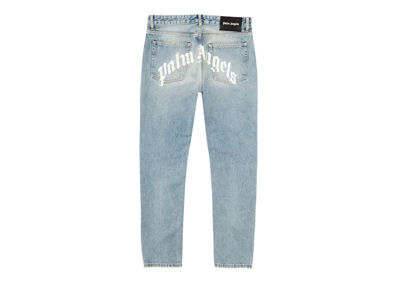Palm Angels Curved Logo Print Straight Fit Jeans Light Blue/White