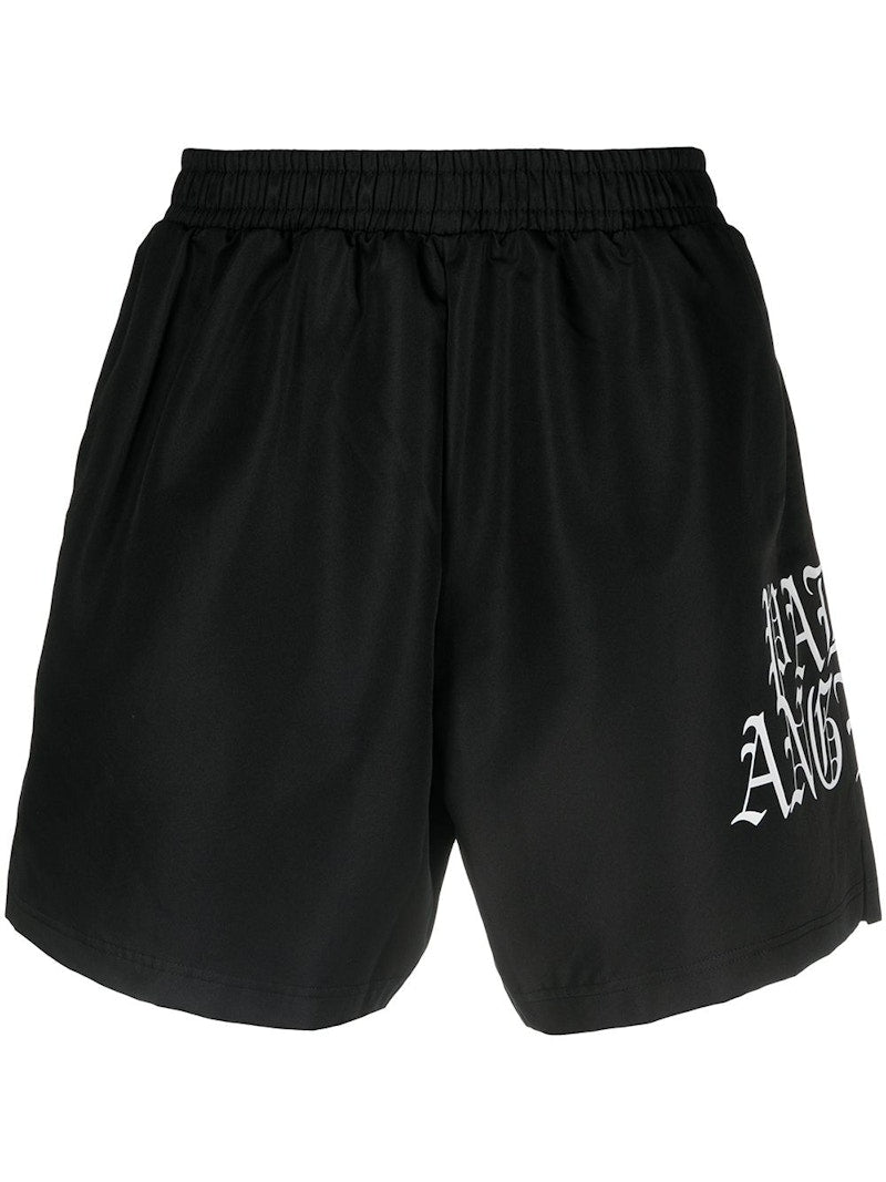 Palm Angels Gothic Logo Print Swimming Shorts Black White