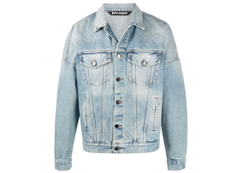 Palm Angels Logo Over Button-up Denim Jacket Light Blue