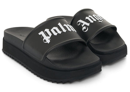 Palm Angels Logo Platform Slides Black White (Women's)