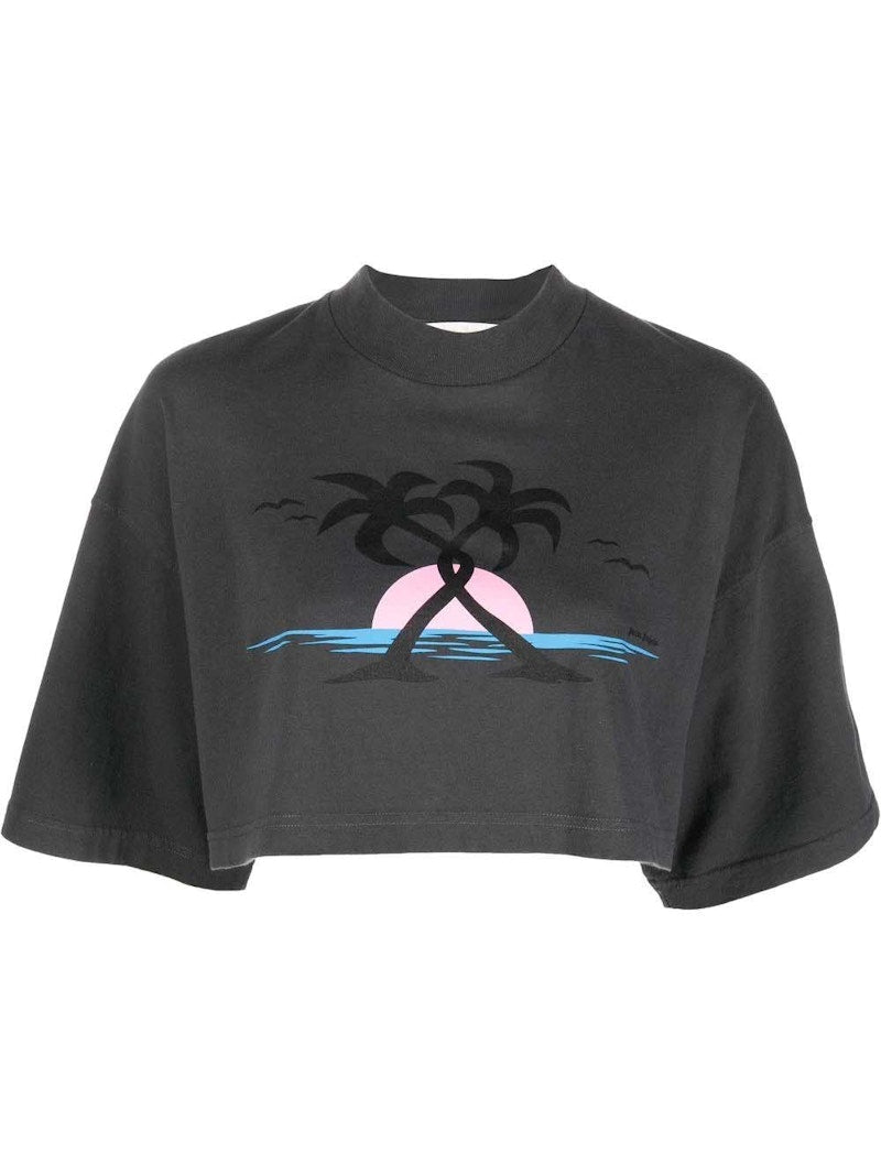 Palm Angels Logo-Print Cropped T-shirt Grey