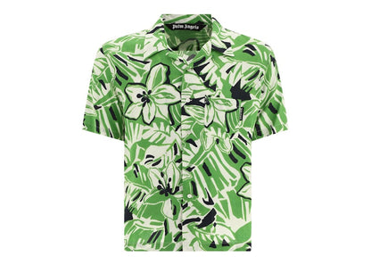 Palm Angels Macro Hibiscus Floral Print Short-Sleeved Shirt Green/White