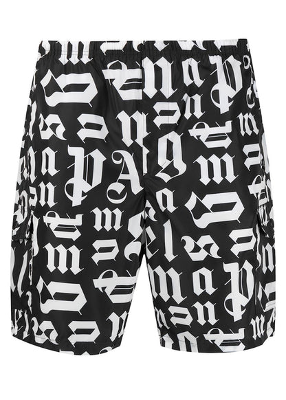 Palm Angels Monogram Print Swim Shorts Black White