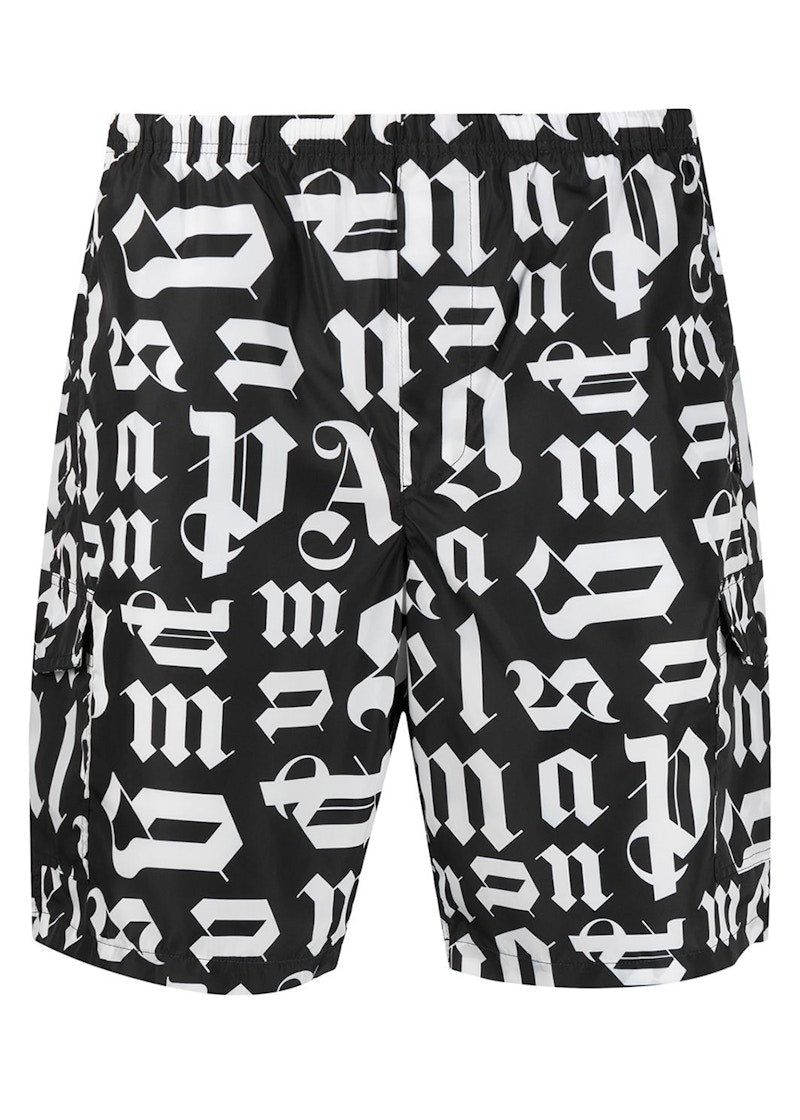Palm Angels Monogram Print Swim Shorts Black White