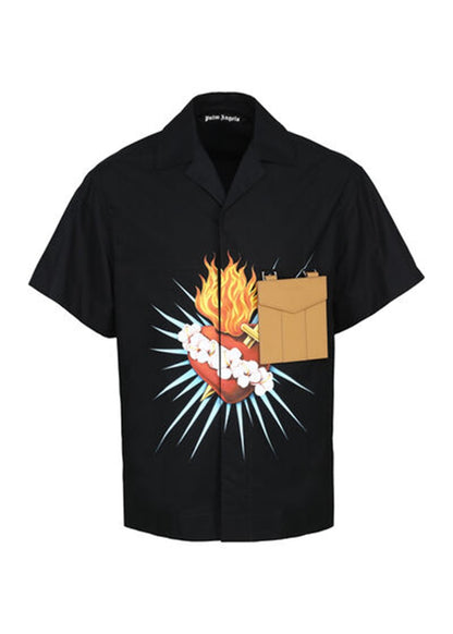 Palm Angels Sacred Heart Print Short Sleeve Shirt Black