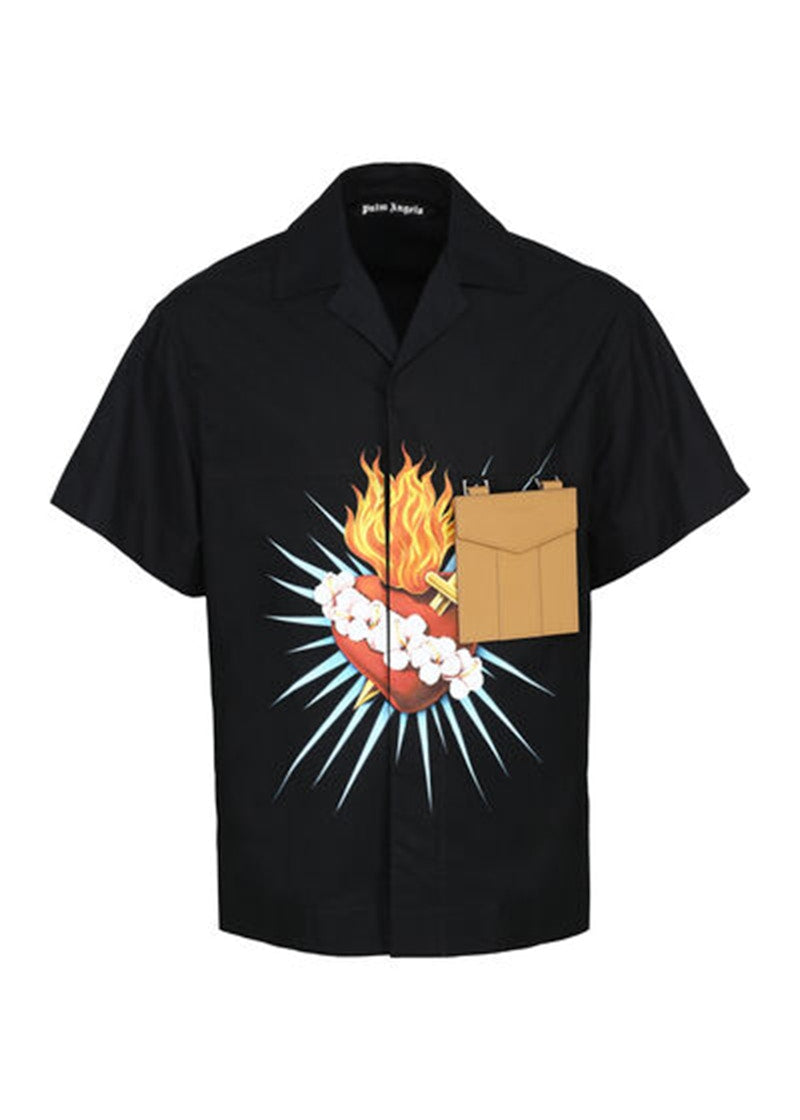 Palm Angels Sacred Heart Print Short Sleeve Shirt Black