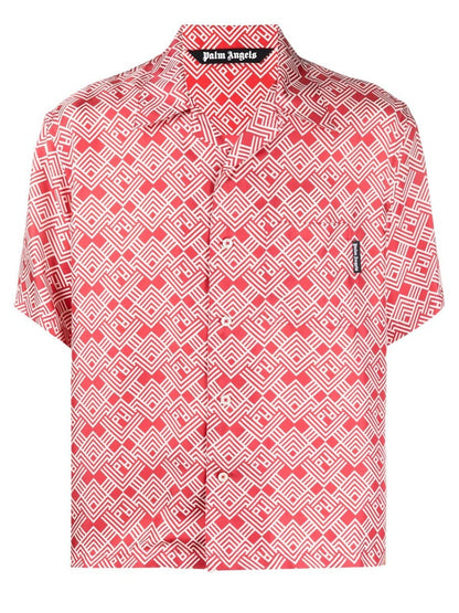 Palm Angels Silk Monogram Bowling Shirt Red/Off White