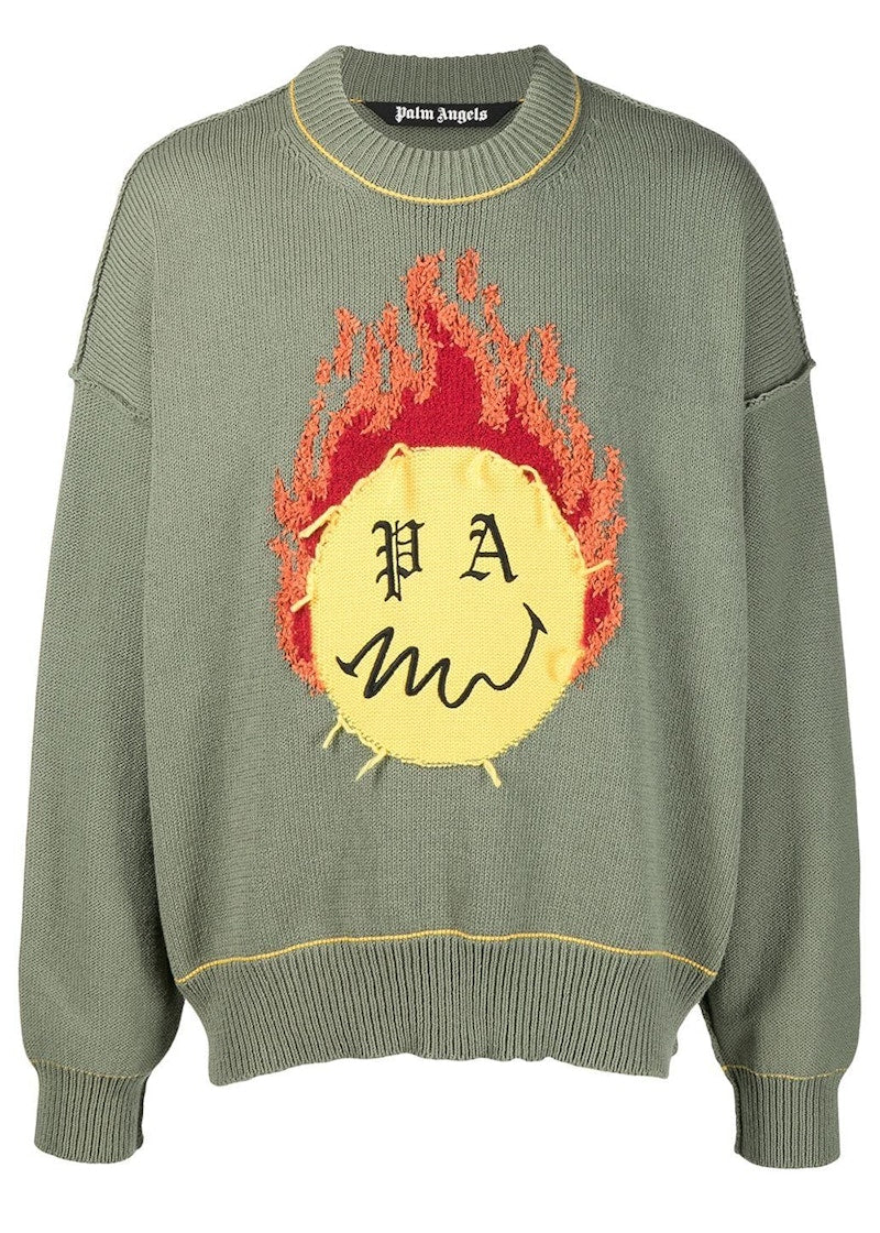 Palm Angels Smiley Intarsia Burning Head Knitted Crewneck Green Yellow