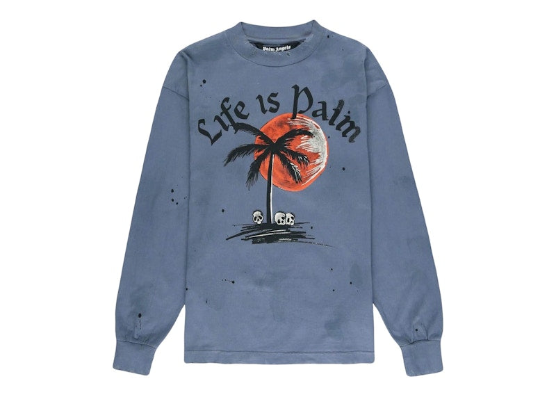 Palm Angels Sunset Palm Garmet Dyed Long Sleeve Sweatshirt Blue