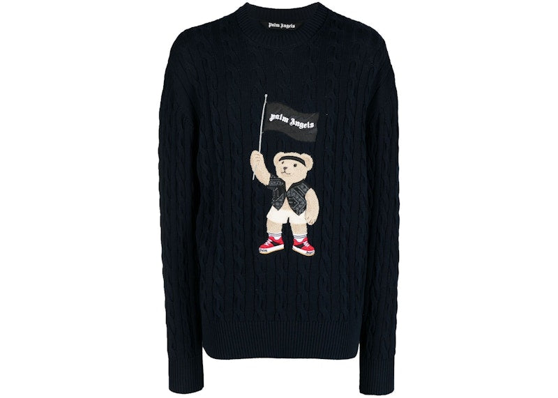 Palm Angels Teddy Bear Cable Knit Sweater Navy Blue