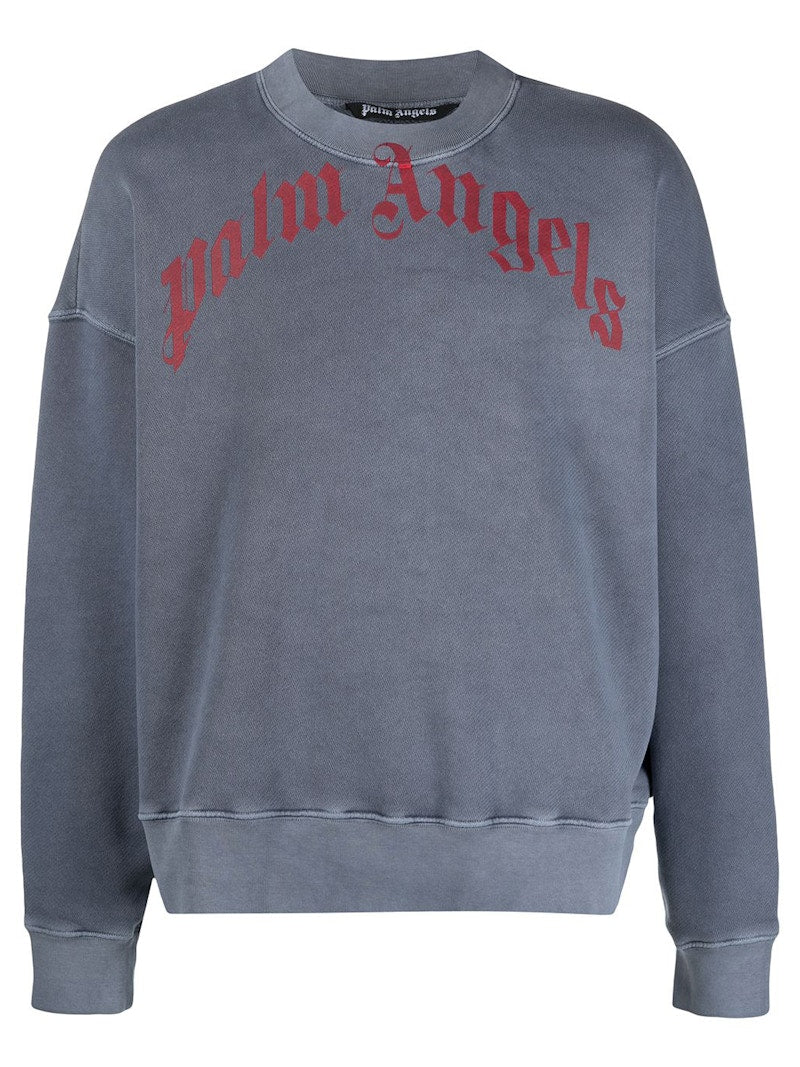 Palm Angels Vintage Wash Curved Logo Crewneck Navy