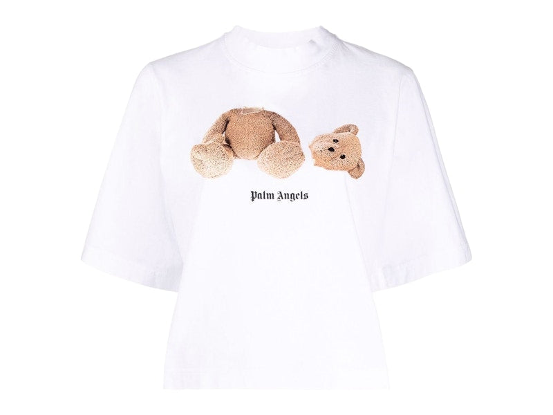 Palm Angels Womens Bear Cropped T-Shirt White/Brown