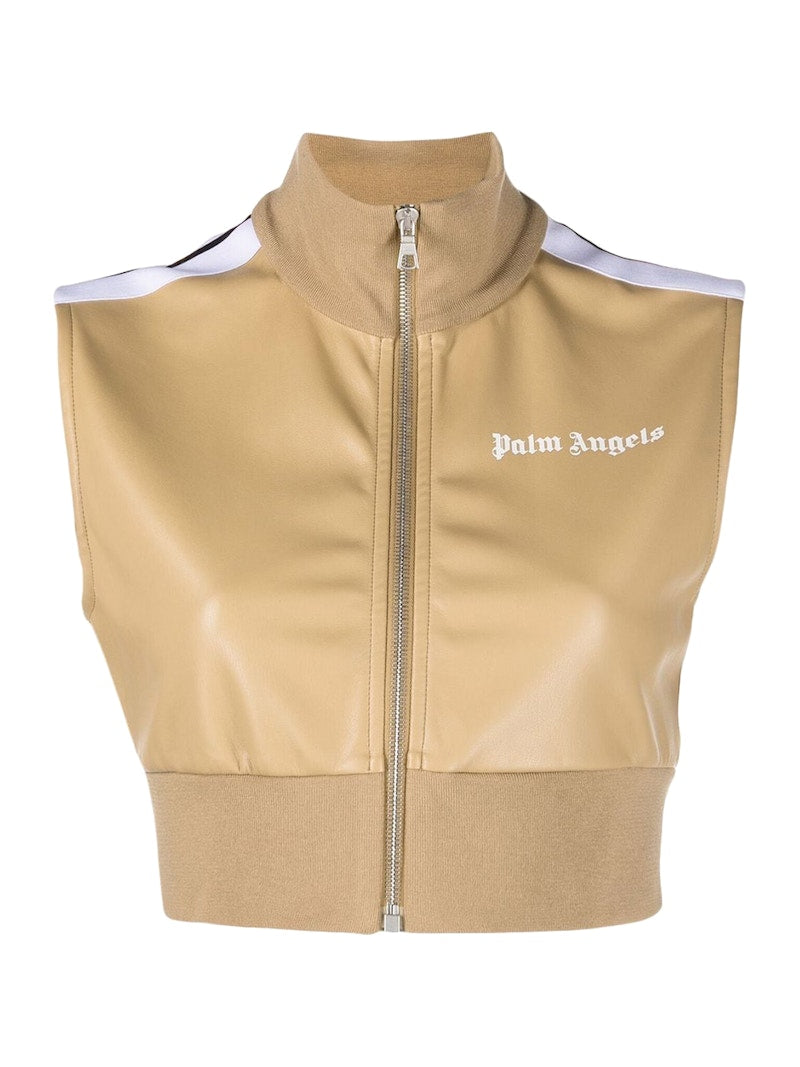 Palm Angels Womens Faux Leather Cropped Track Vest Beige/White