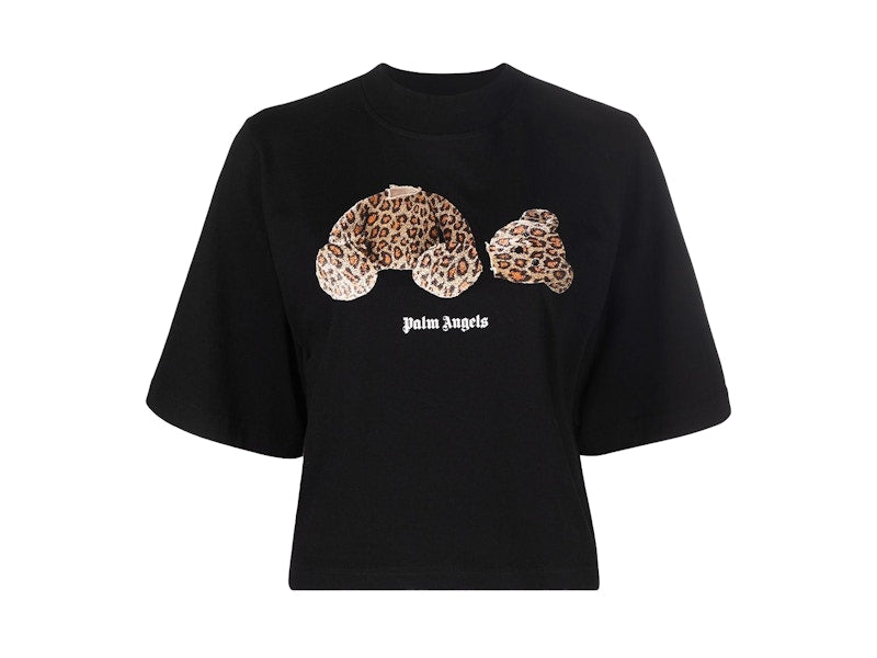 Palm Angels Womens Leopard Bear Cropped T-Shirt Black/Brown