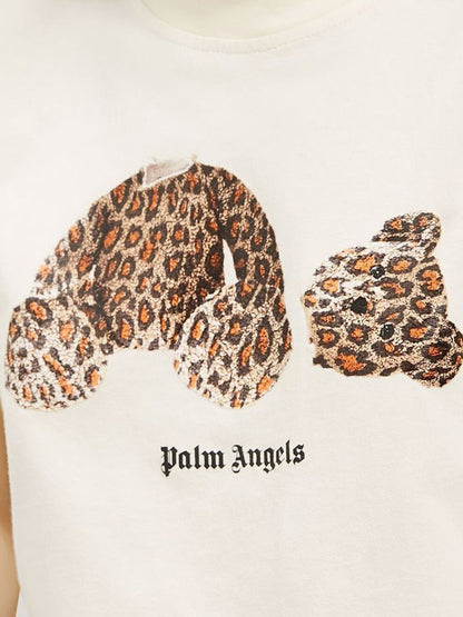 Palm Angels Womens Leopard Bear Cropped T-Shirt Off White/Brown