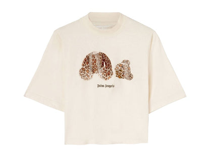 Palm Angels Womens Leopard Bear Cropped T-Shirt Off White/Brown