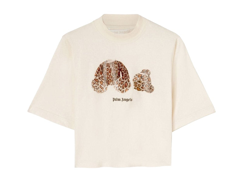 Palm Angels Womens Leopard Bear Cropped T-Shirt Off White/Brown